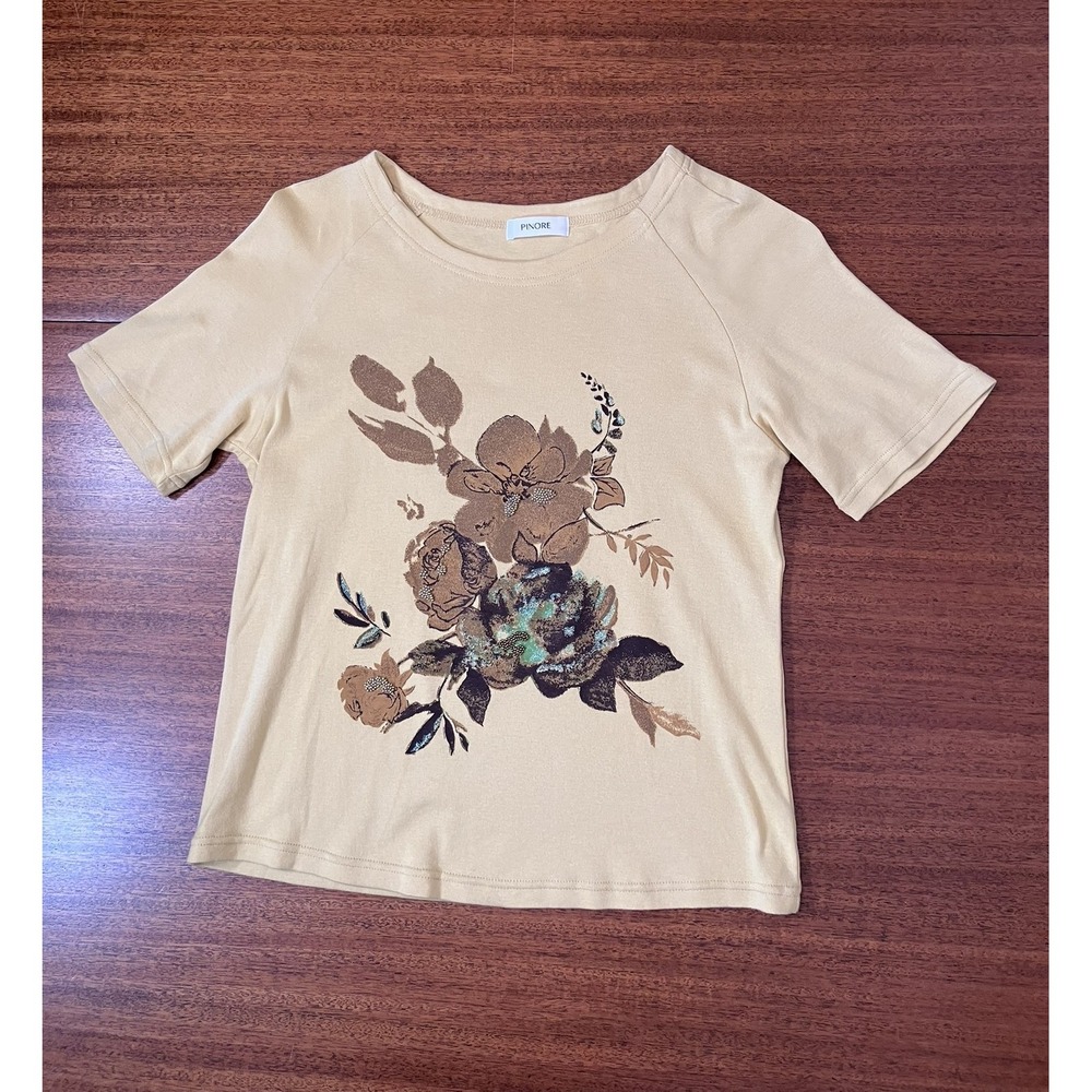 Pinore Japan Floral Graphic Tee Short Sleeve‎ Beaded Sequin Embellished Tee Y2K